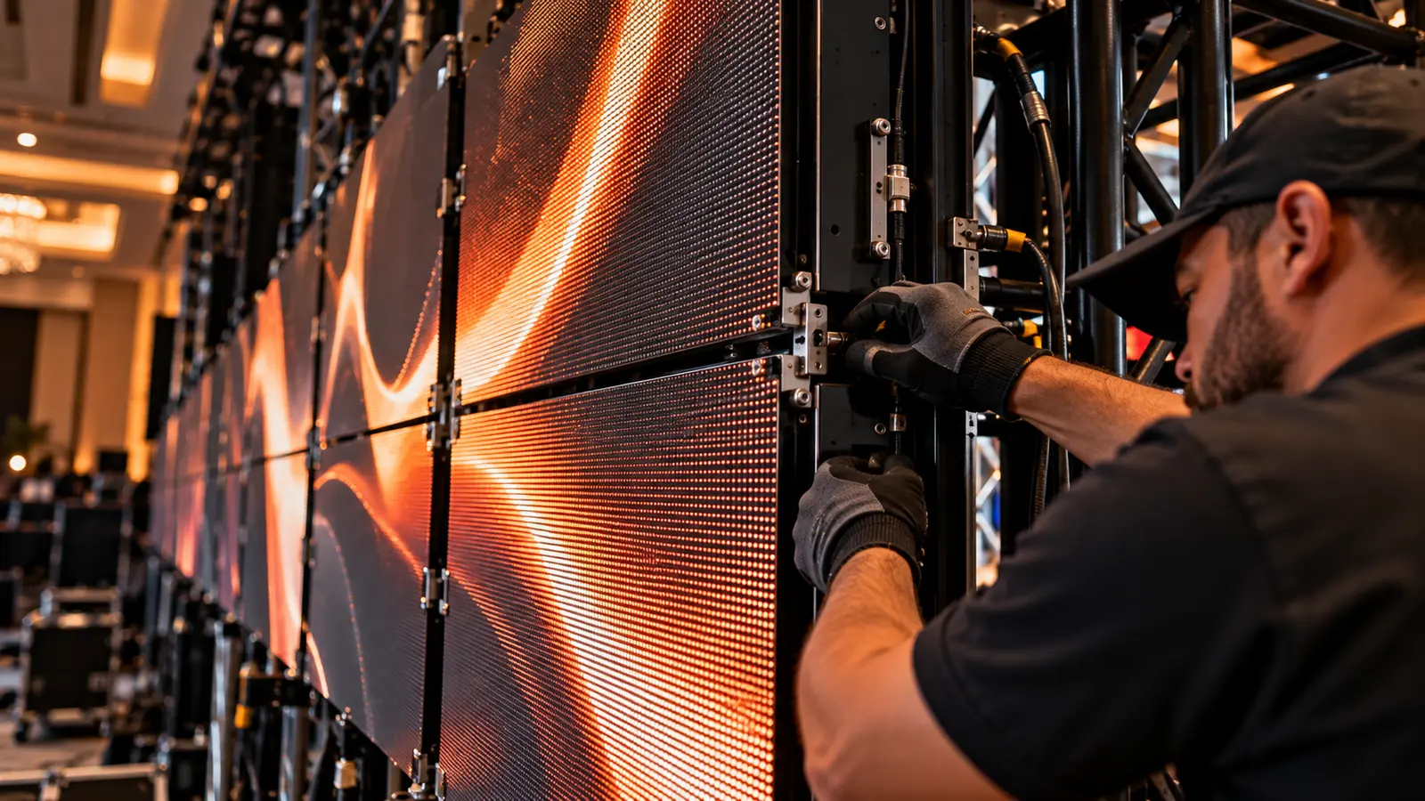 Technician assembling modular LED wall panels